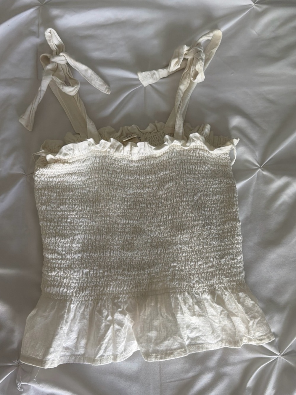 Billabong Cream Smocked Tie-Strap Tank with Ruffle Hem